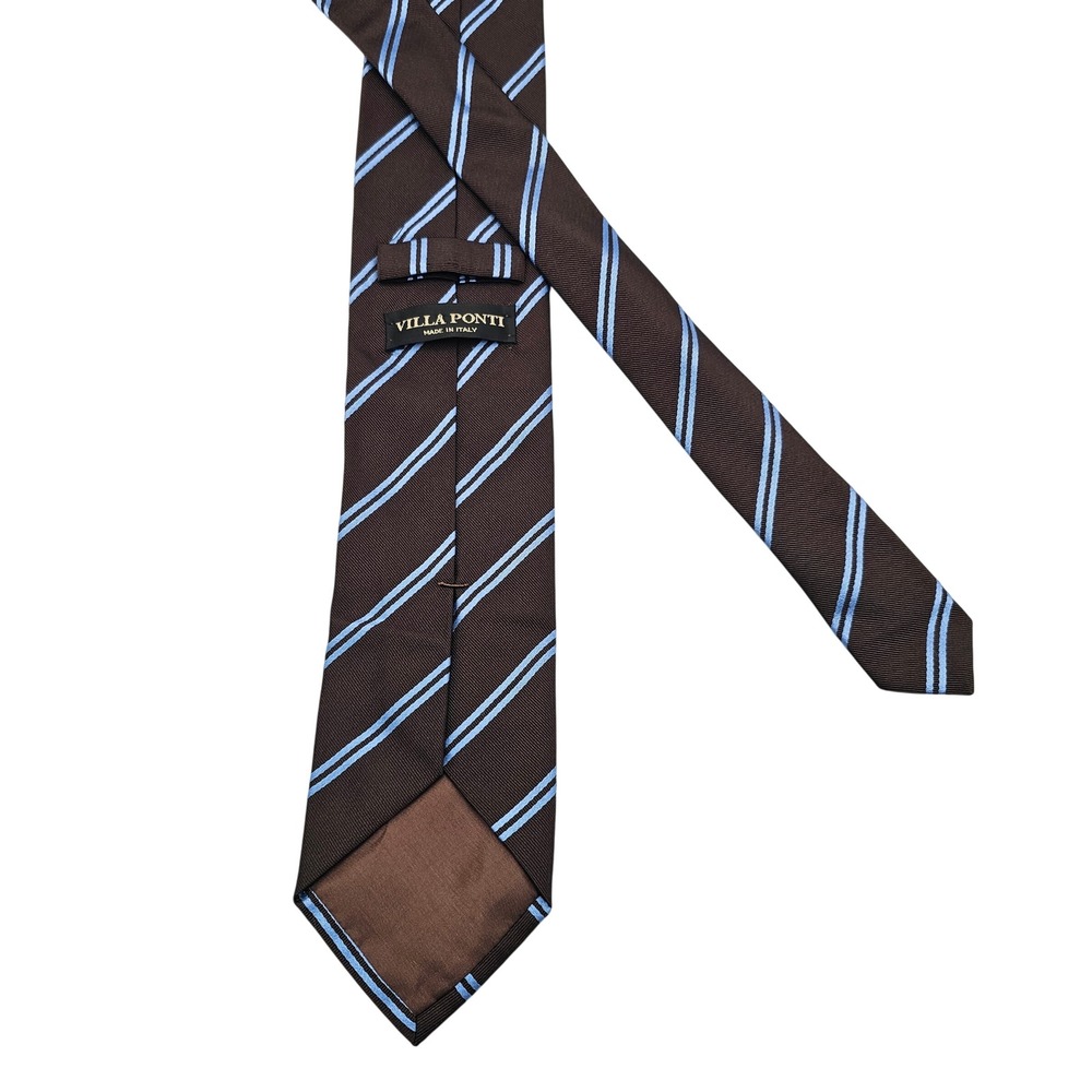 Villa Ponti Necktie Silk Woven Stripe Blue Brown Regimental Made In Italy 3.25"